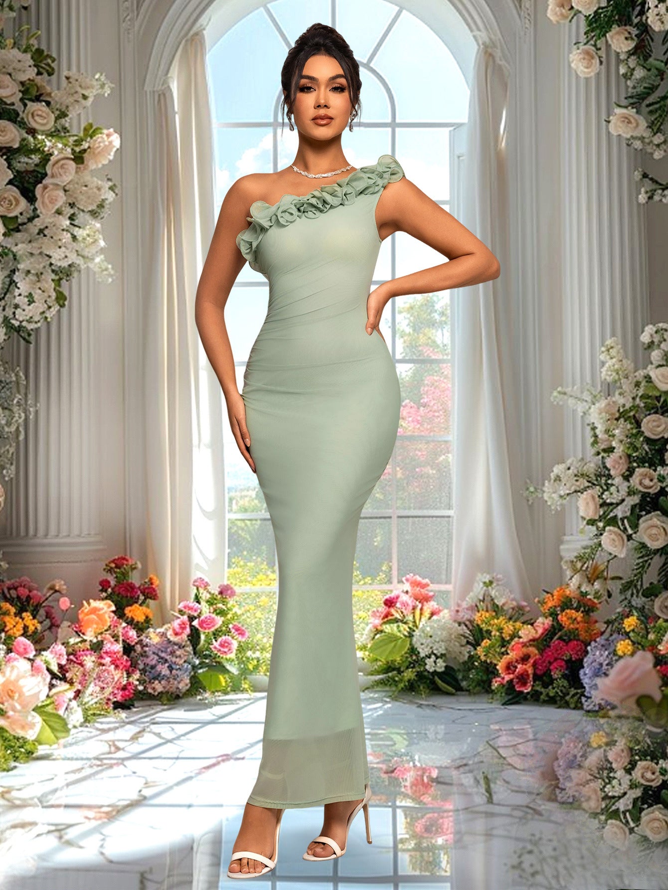 Women Ruffled Fishtail Bodycon French Maxi Dress 10