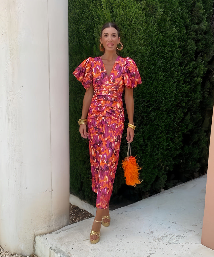 Printed V-Neck Slim Waist Puff Sleeve Bodycon Dress 4