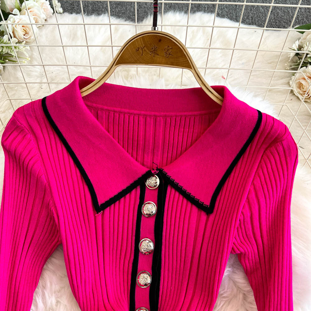 Winter Turndown Collar Knitting Dress Women Long Sleeve Fashion Chic Slim Waist Sweater Dress 10