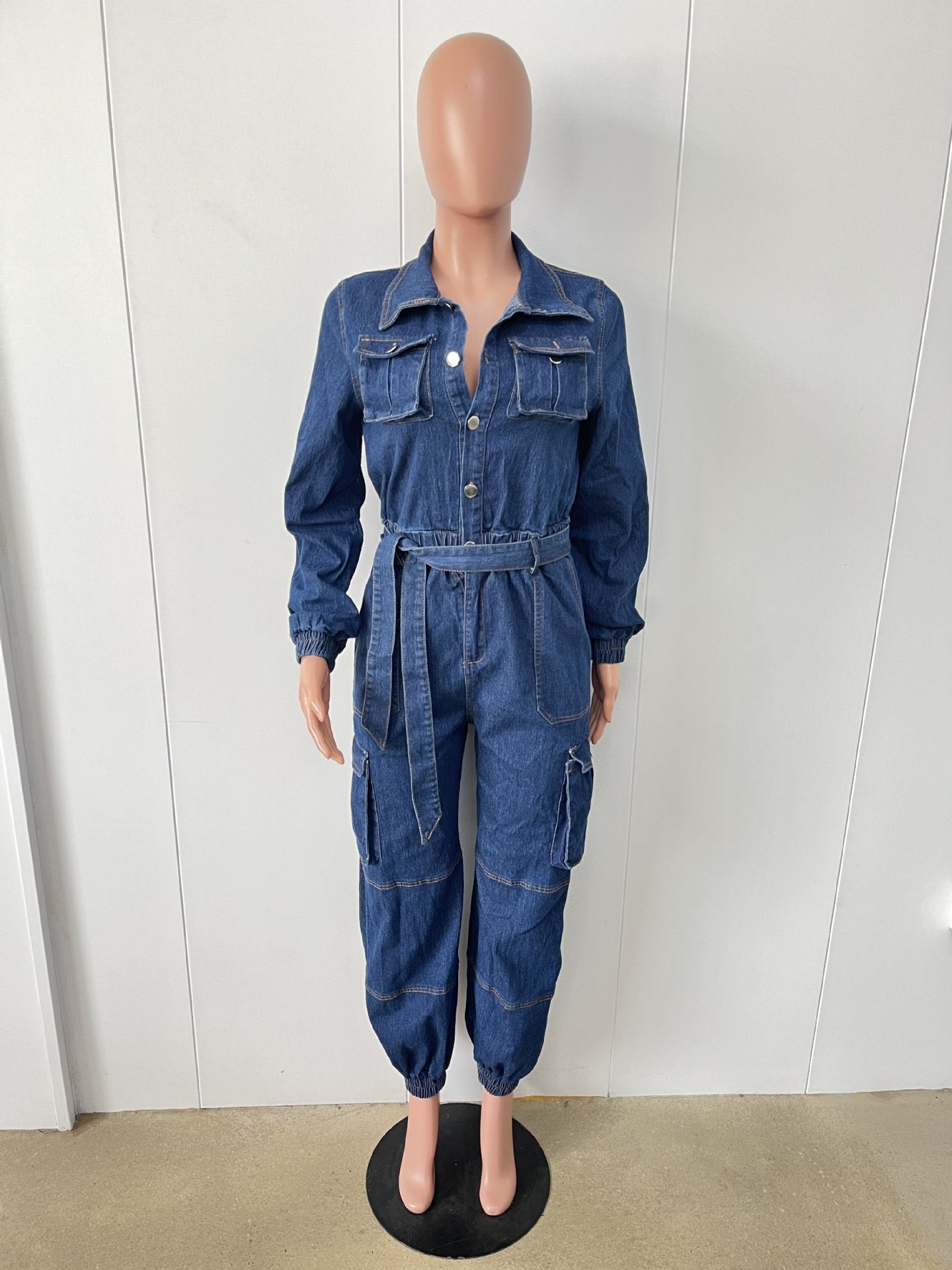 Stylish Street Style Slim Waist Tight Fitting Multi-Pocket Elastic Waist Denim Cargo Jumpsuit 8