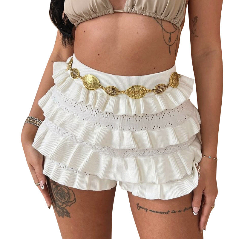 Women Summer Sexy Solid Multi-layered Ruffle Lace Shorts 24