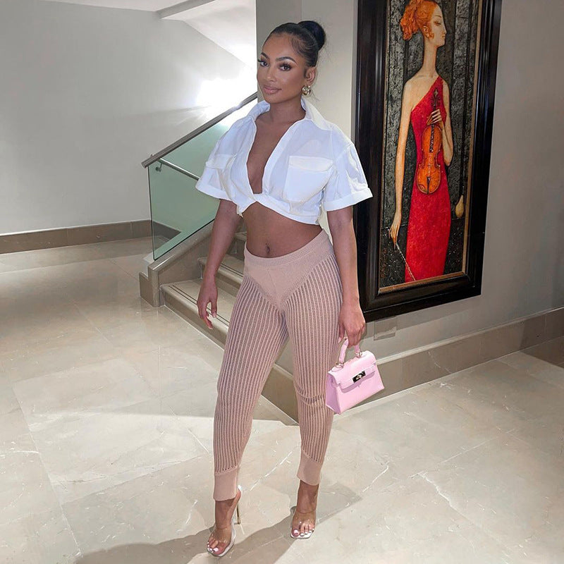 WomenSexy Knot Solid Polo Collar Crop Shirt 8