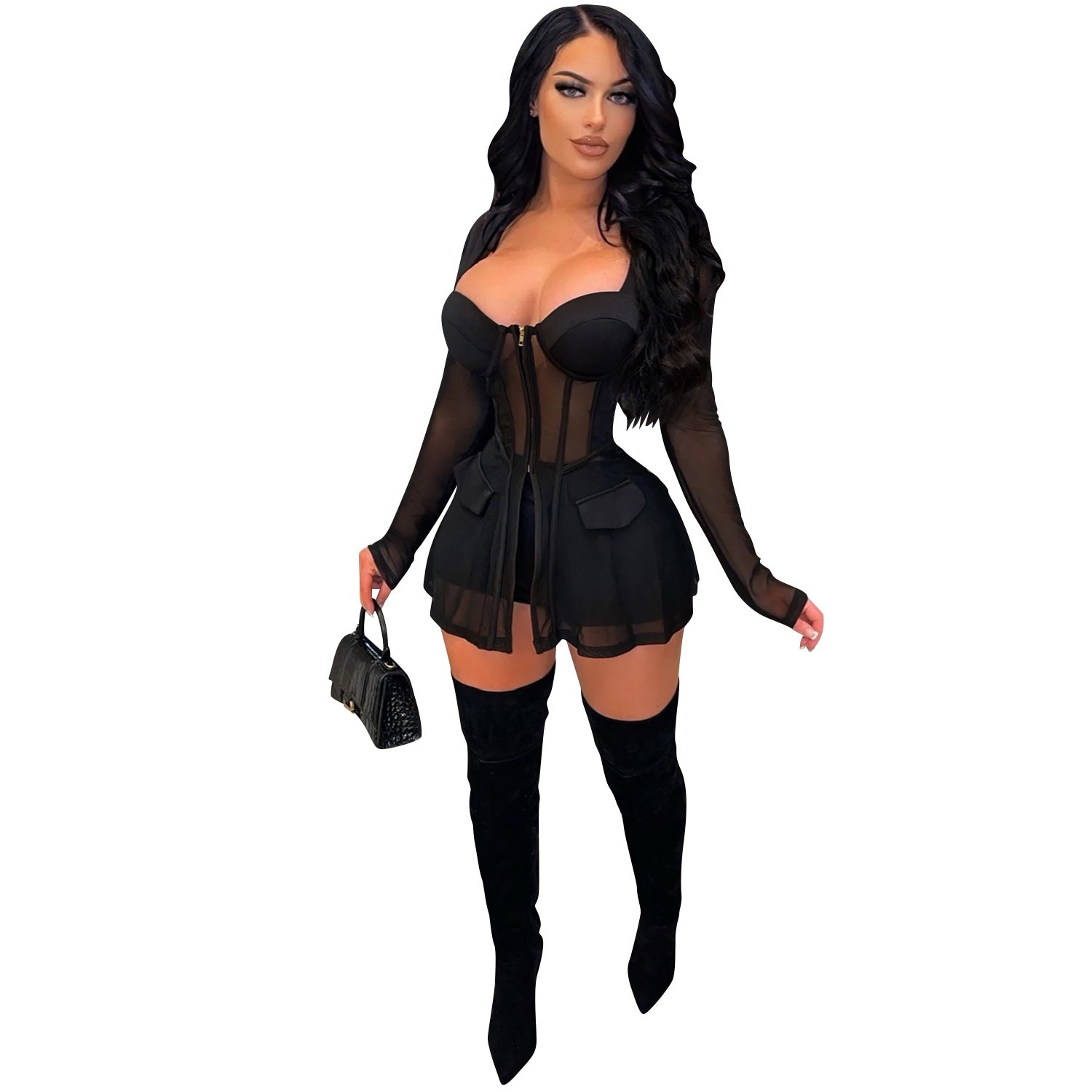 Women Mesh See-Through Long-Sleeved Top and Shorts Two-Piece Set 18