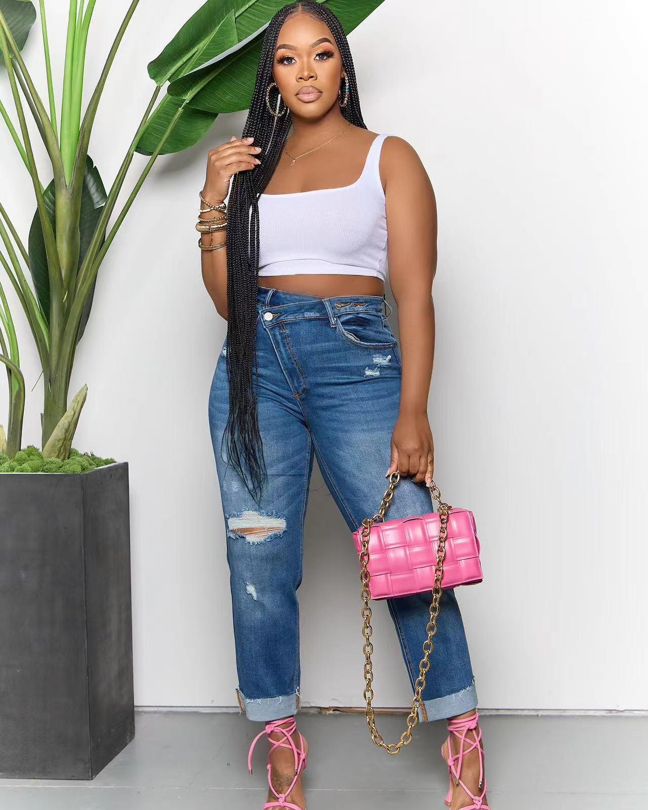 Women Ripped Diagonal Zip Denim Pants 6