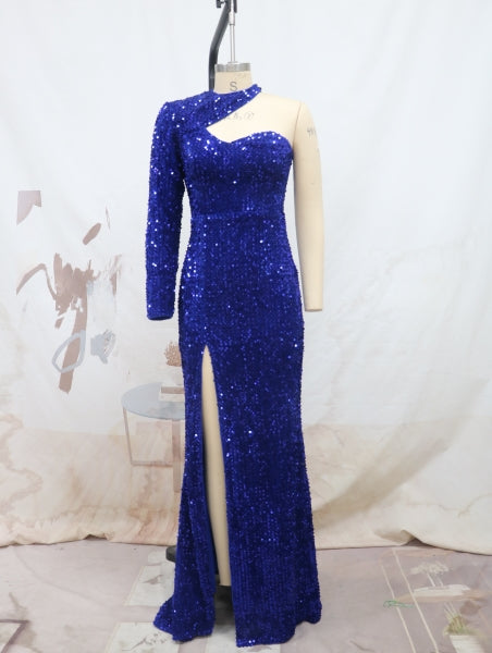 Women One Shoulder Sleeve Bodycon Slit Sequin Formal Party Evening Dress 6