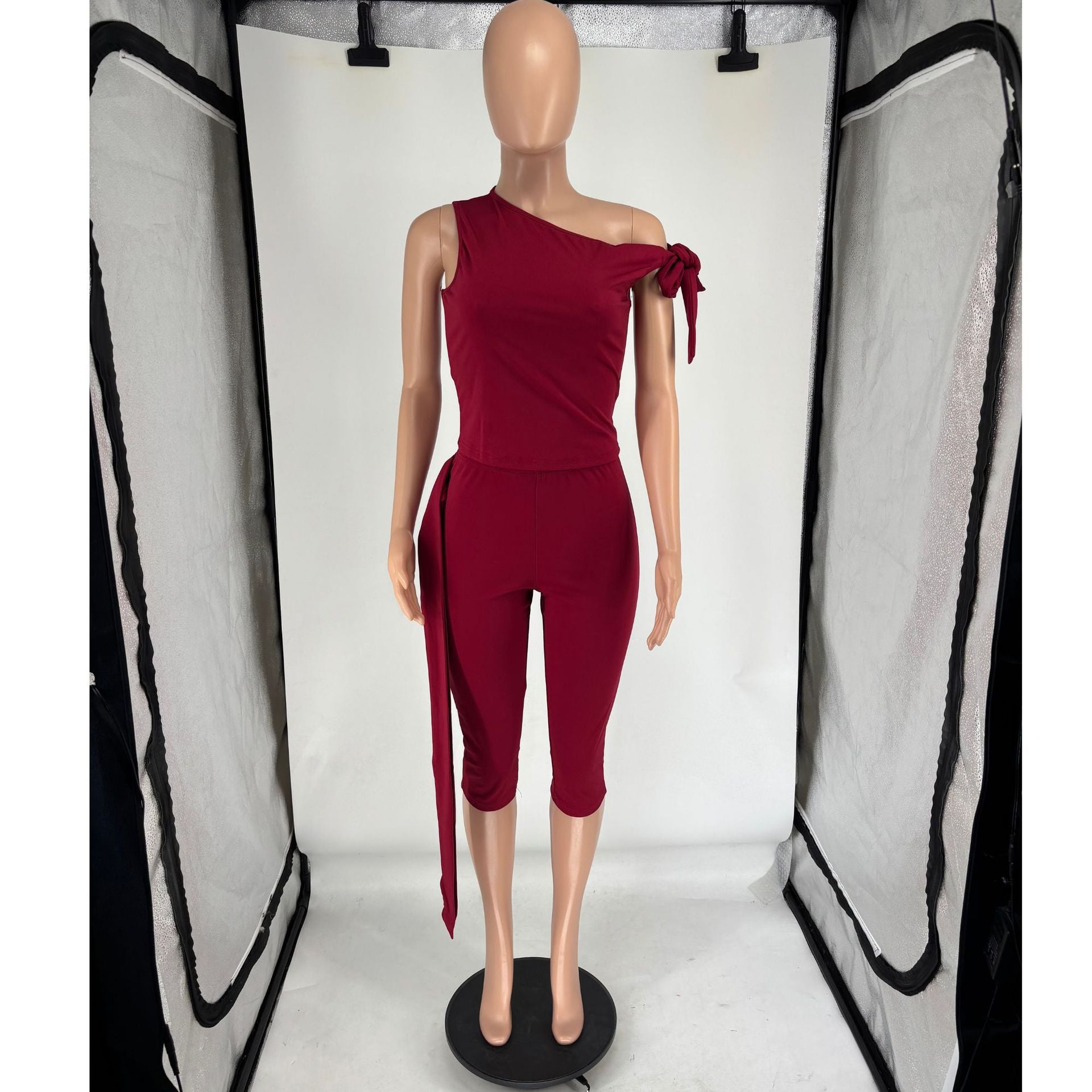 Women Summer Slash Shoulder Lace-Up Casual Solid Top and Shorts Two Piece Set 16