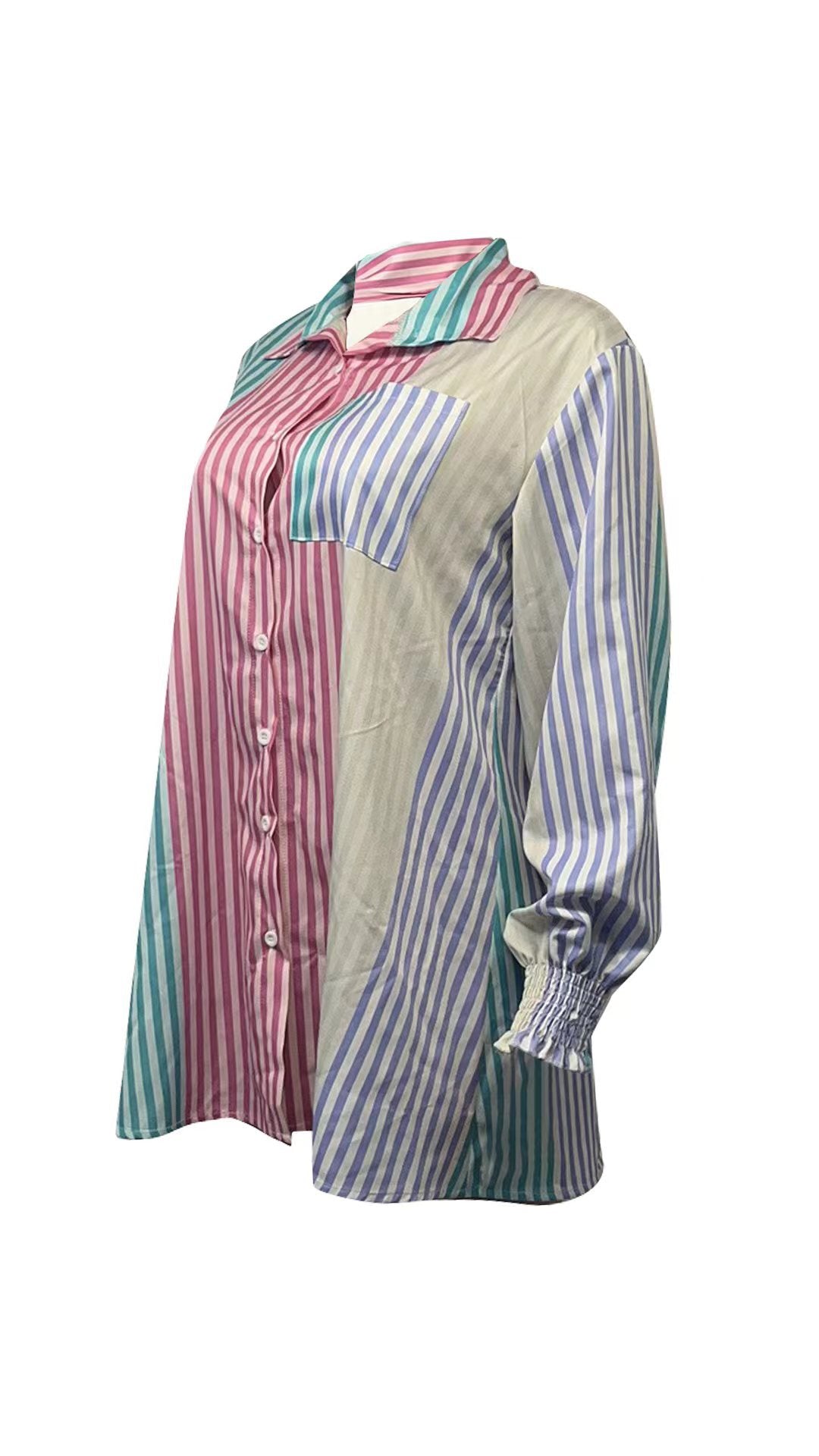 Women Loose Striped Print Long Sleeve Shirt 5