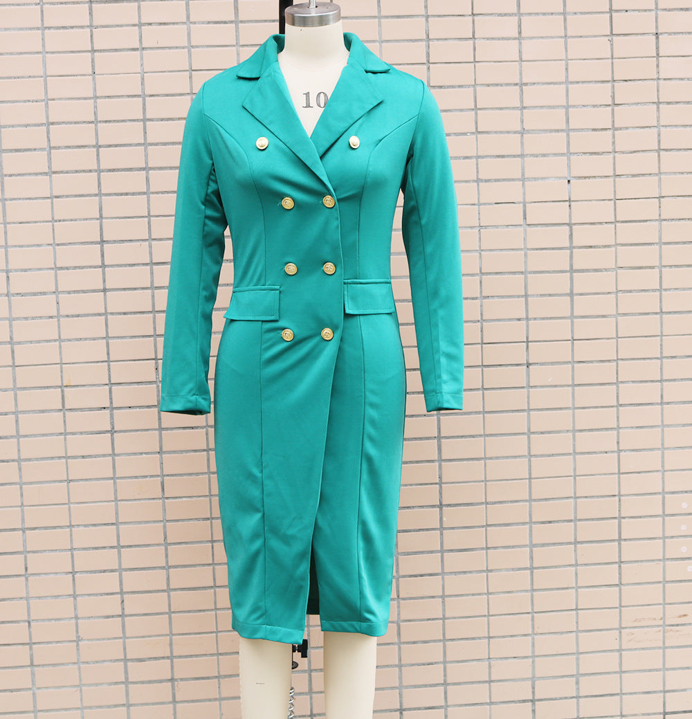 Women Autumn and Winter Long Sleeve Double Breasted Blazer Dress 21