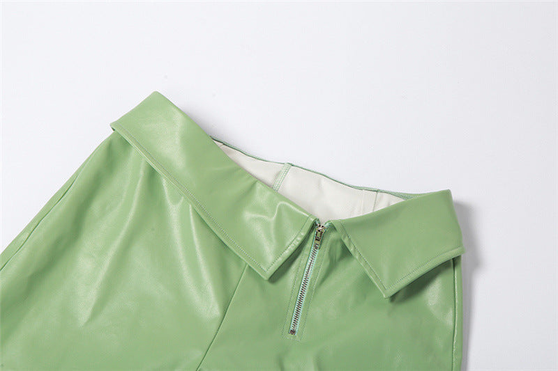 Women summer Slash Shoulder one shoulder Tank Top and straight trousers pu Leather two-piece set 11