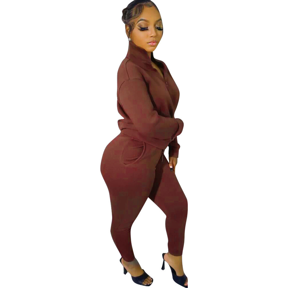 Women Winter Casual Zipper Sports Top and Pant Two Piece Set 12