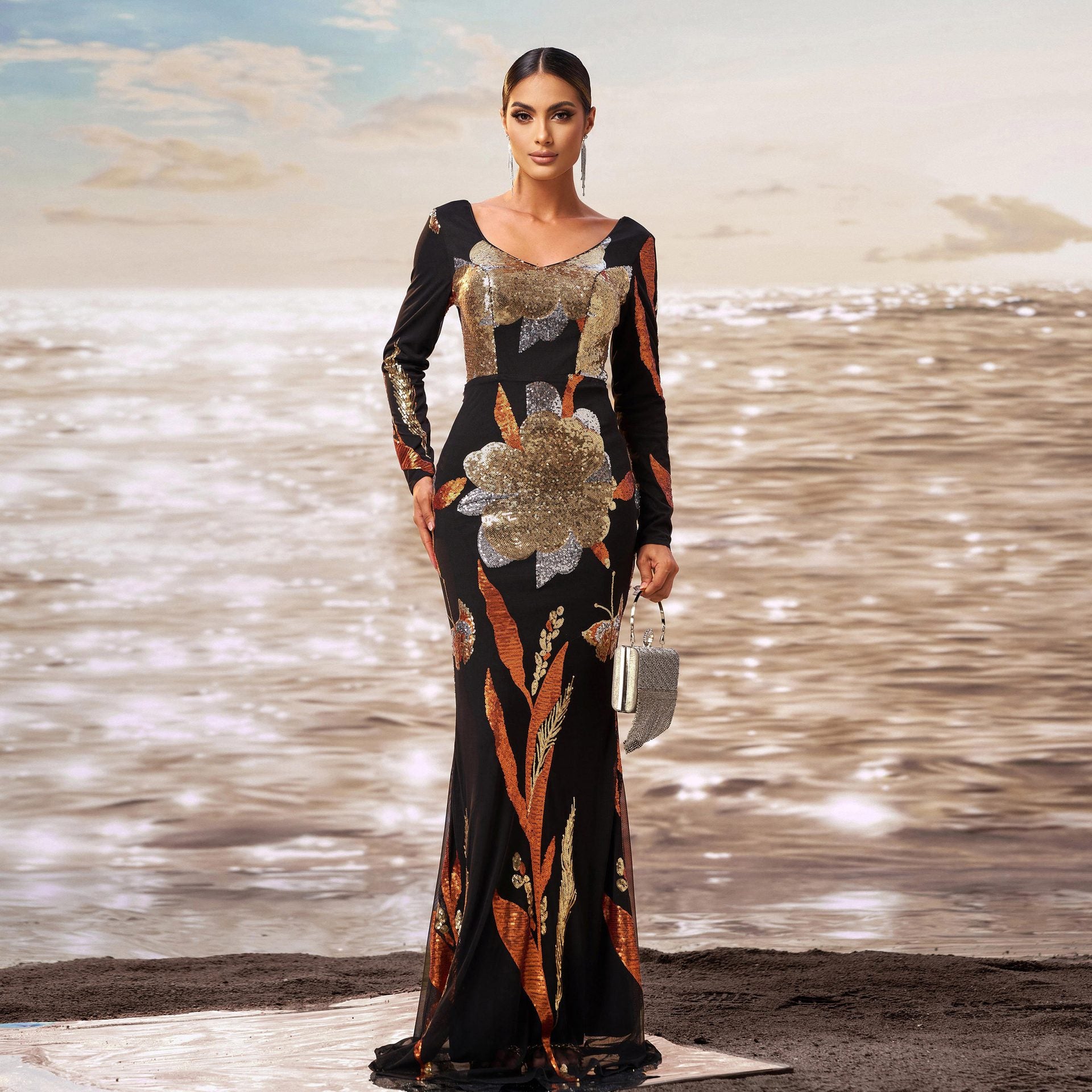 Women long sleeve v-neck Bodycon sequin Formal Party fishtail evening gown 3