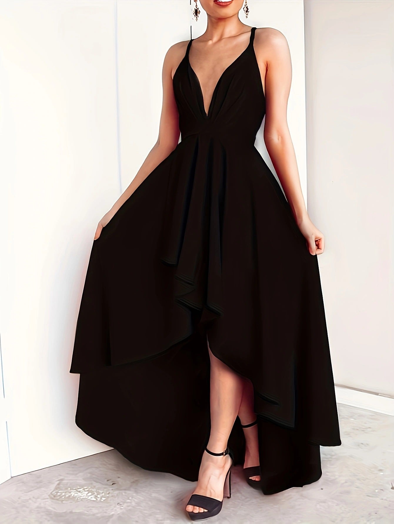 Women Solid Suspender V-neck Backless Irregular Strap Dress 8