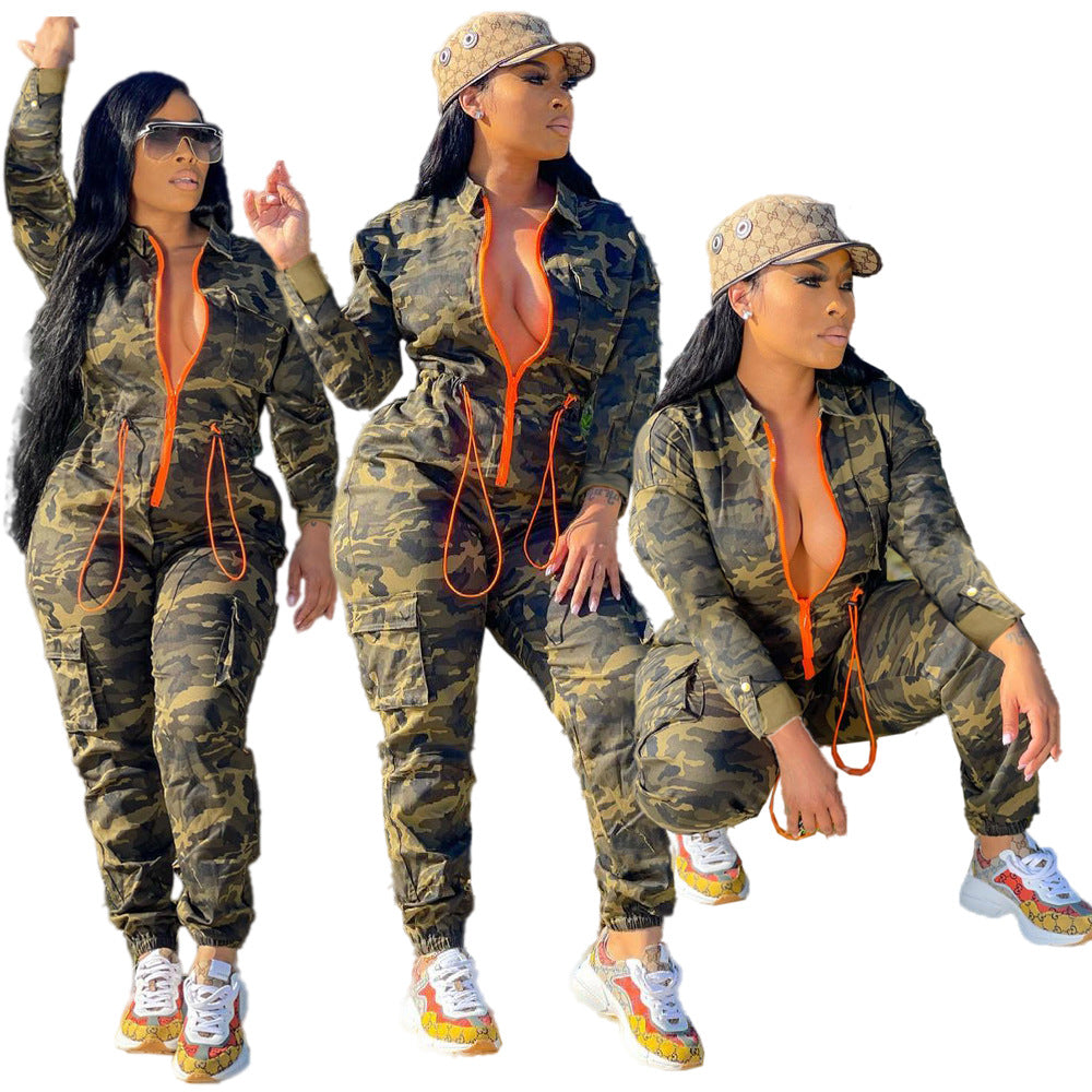 Women Fall Contrast Zip Camouflage Long Sleeve Jumpsuit 3