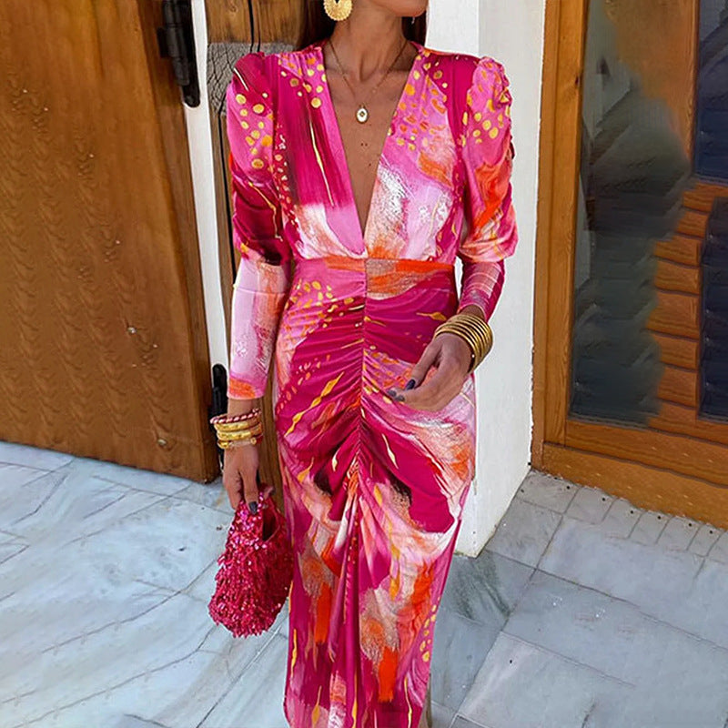 Spring Women's Chic Elegant V-Neck Pleated Slim Waist Dress