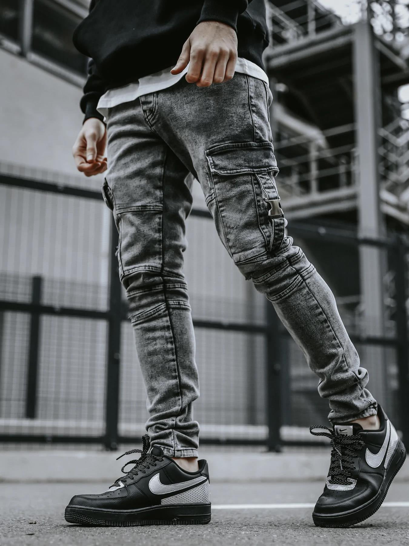 Men's Cargo Pants Trendy Black Slim Denim Tight Jeans 6