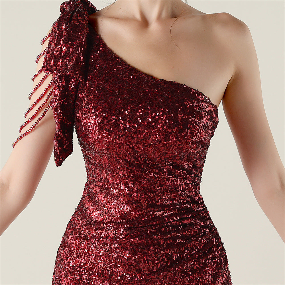 Plus Size Women clothing one-shoulder nail flower beaded evening dress 35