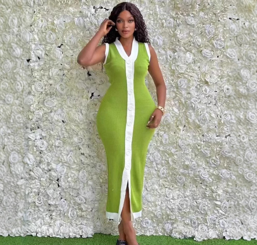 Women contrast Ribbed Single-breasted v-neck sleeveless knitting dress 4