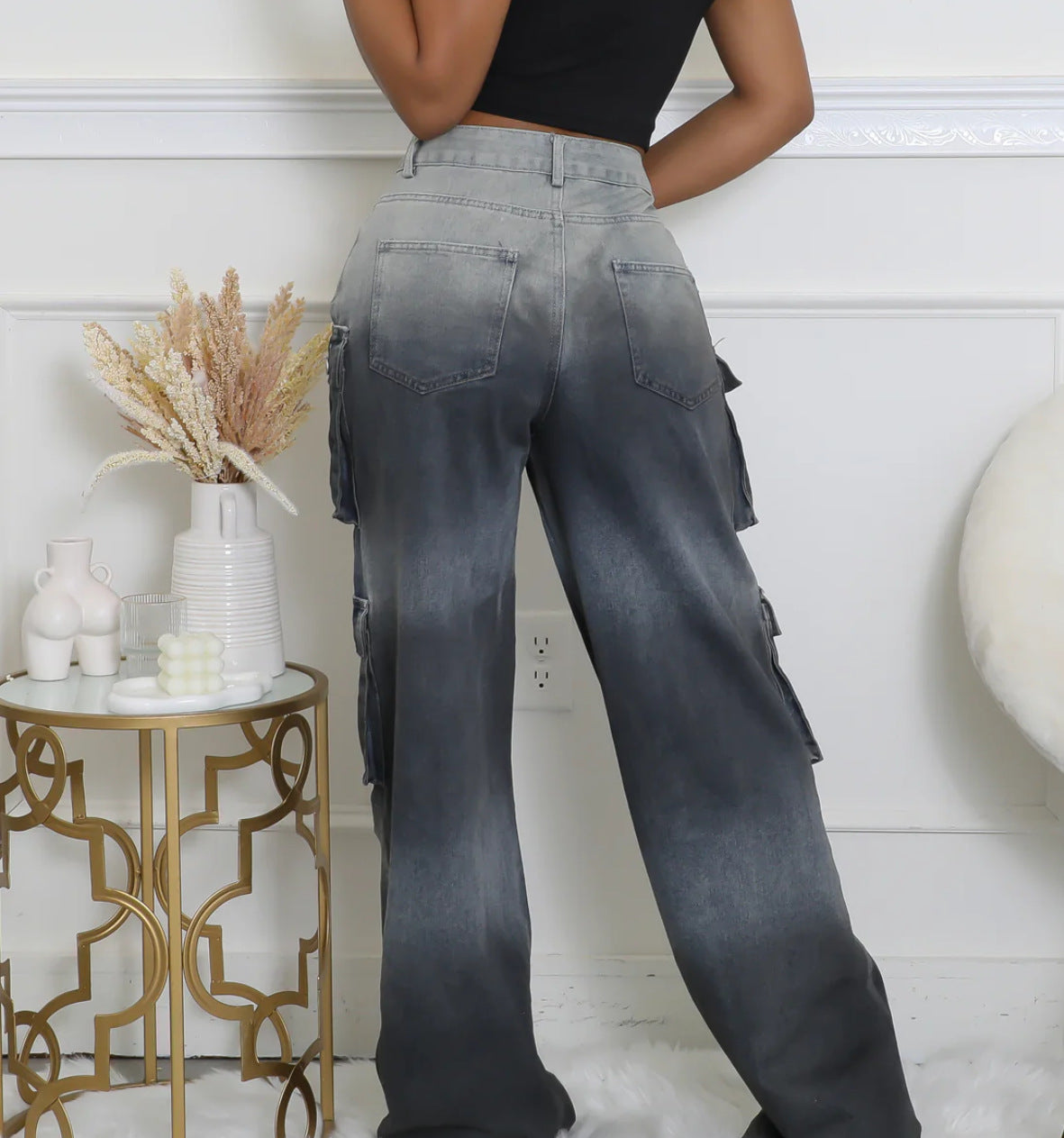 Fashionable Women's Multi-pocket Button Gradient Cargo Straight Trend Denim Trousers 9