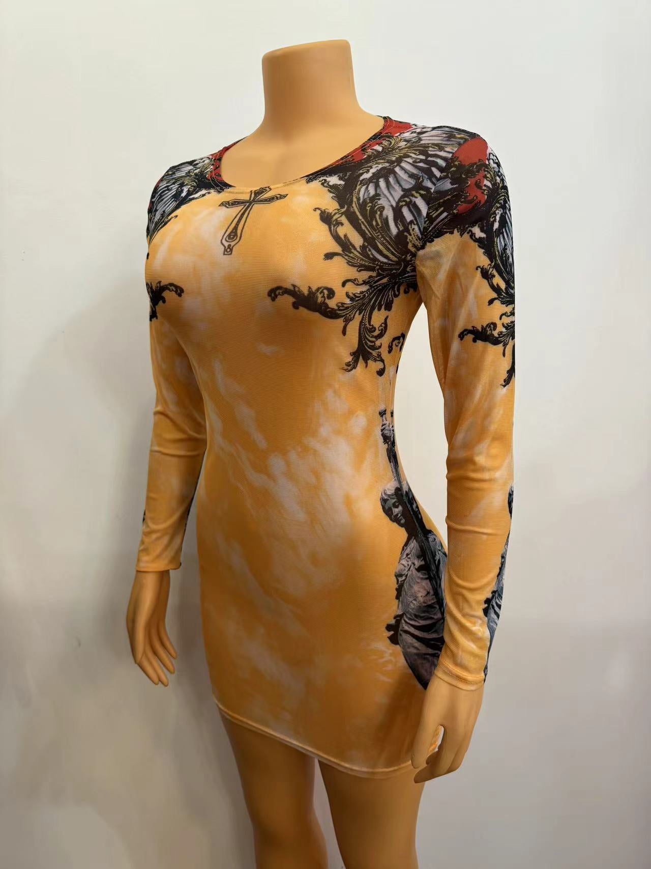 Women's Mesh Printing Round Neck Short Fashion Sexy Dress 8