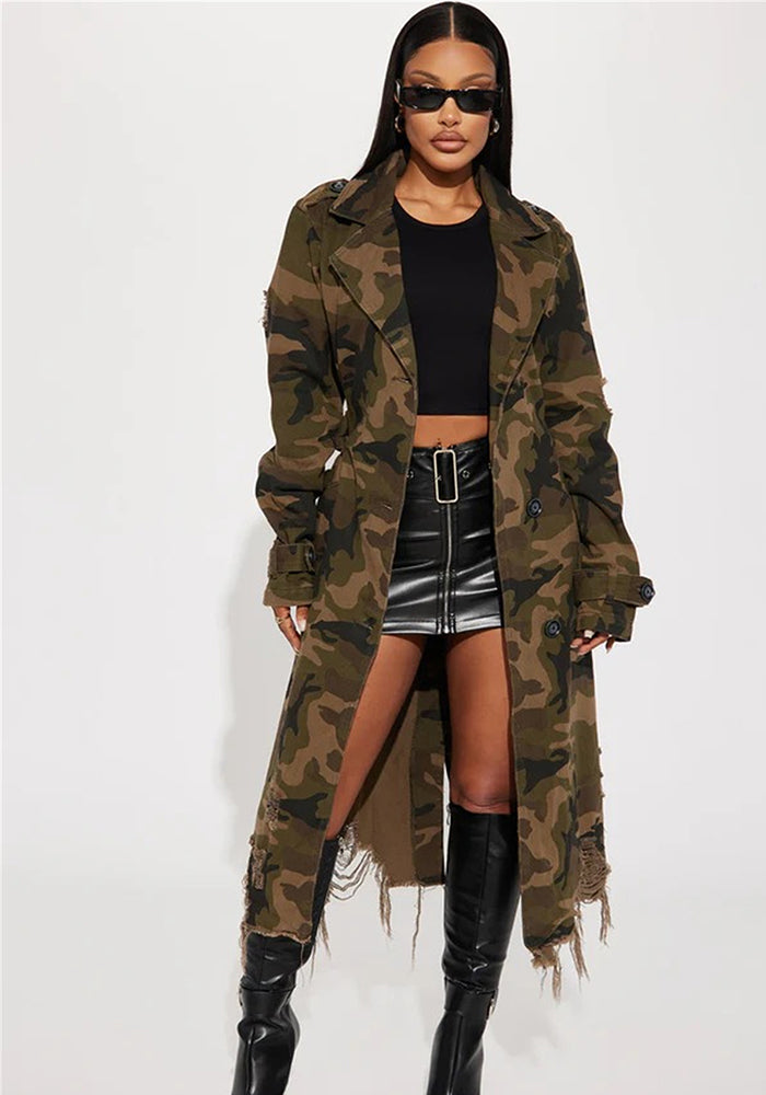Women's Ripped Camouflage Long Coat