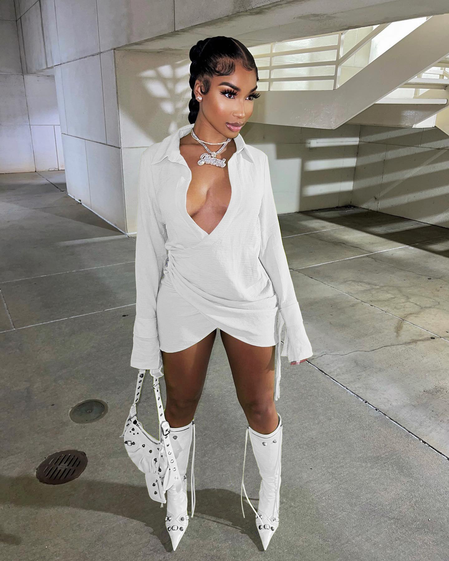 Fall Women Sexy Pleated Crossover Shirt Dress