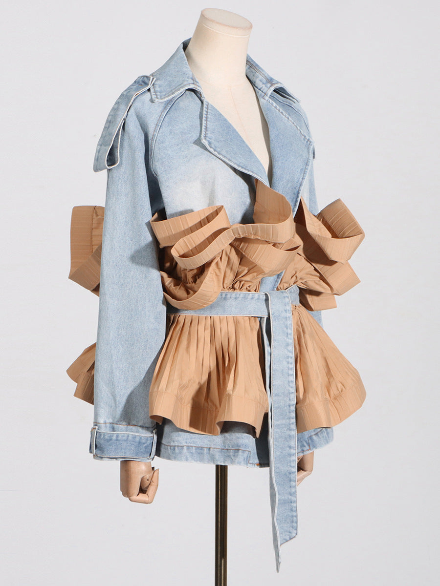 Women Fall Turndown Collar Contrast Color Ruffles Ruffle Lace-up Denim Jacket 4