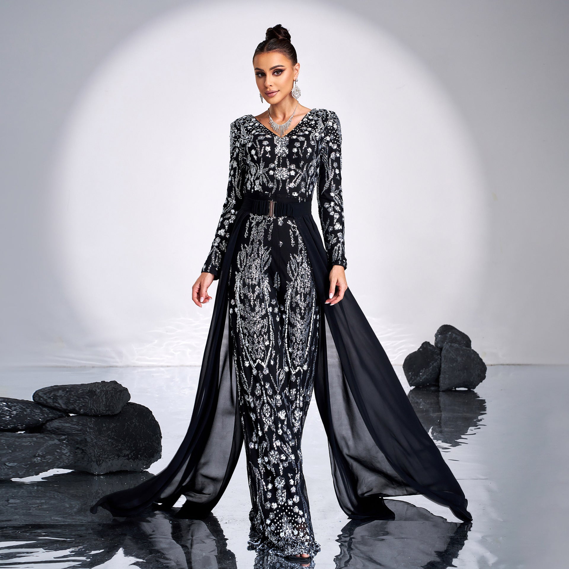 Women Chic V-Neck Long Sleeve Long Sequin Formal Party Jumpsuit 3