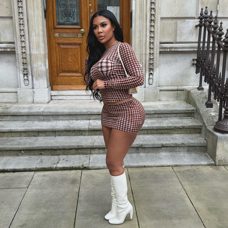 Autumn Fashion Plaid Round Neck Long Sleeve Top High Waist Short Skirt Slim Female Two Piece Set