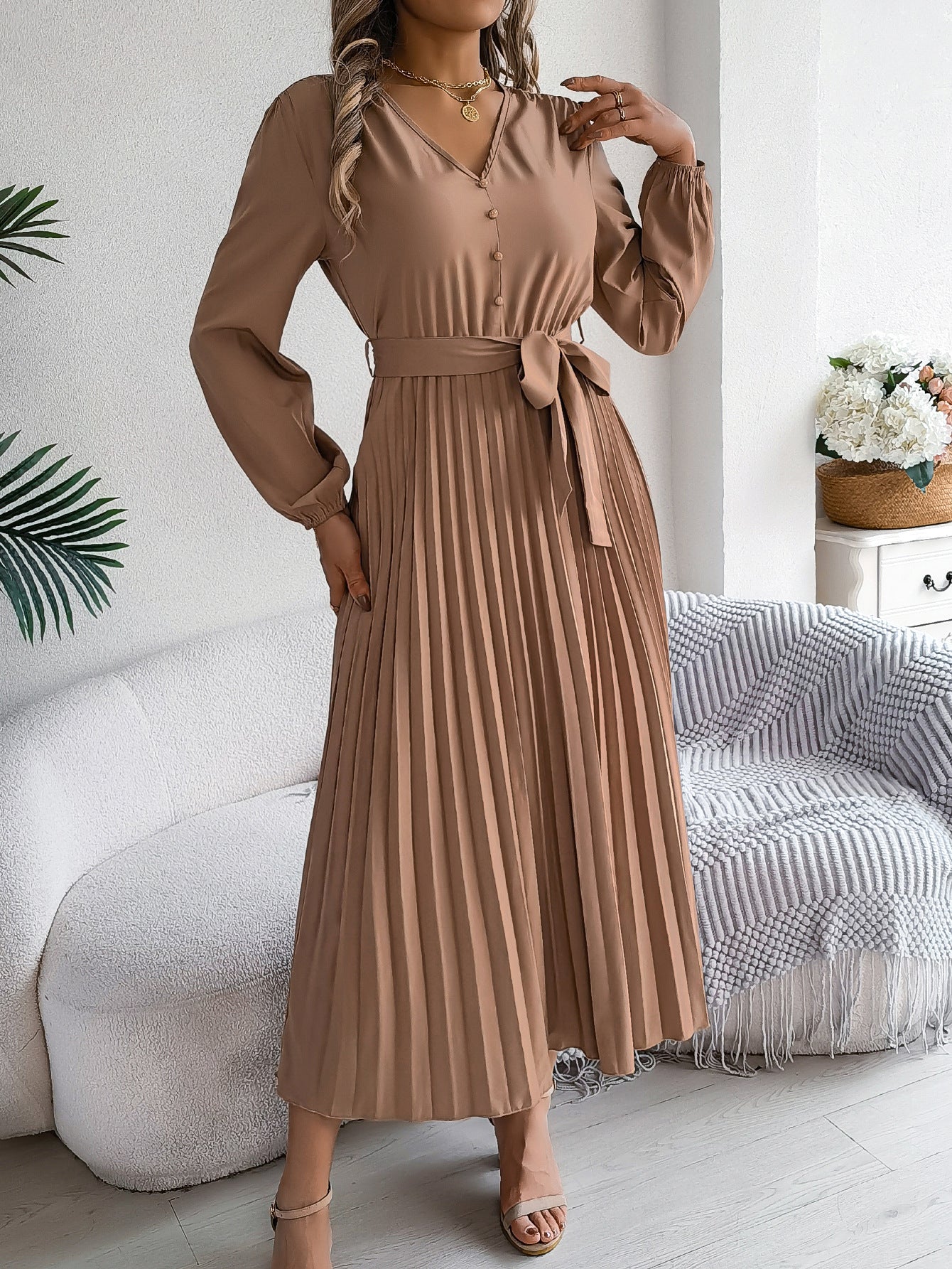 Women Elegant V-neck Button Lace-up Pleated Dress 7