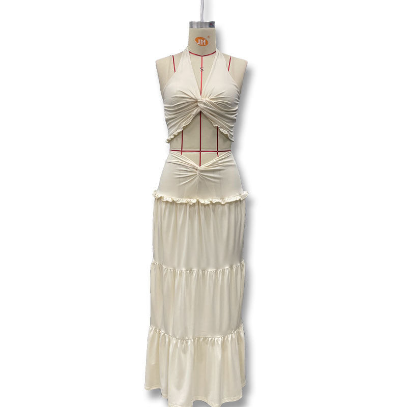 Women's Sexy Halter Neck Lace-up Top High Waist Pleated Skirt Two-piece Set 11