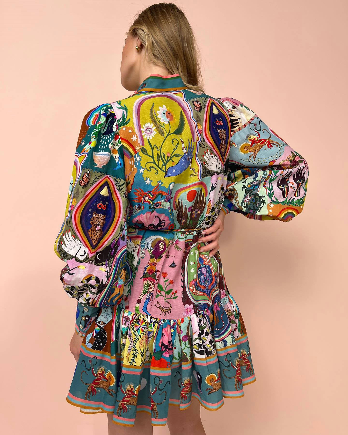 Women Long Sleeve Printed Lace-Up Pleated Dress 4