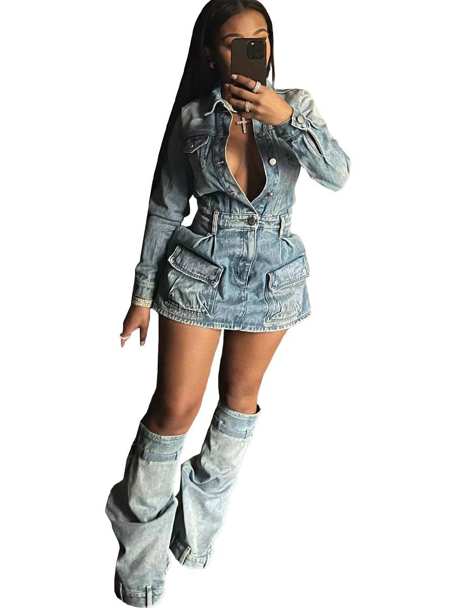 Feminine Multi-Pocket Washed Denim Dress (Including Cuffs) 4