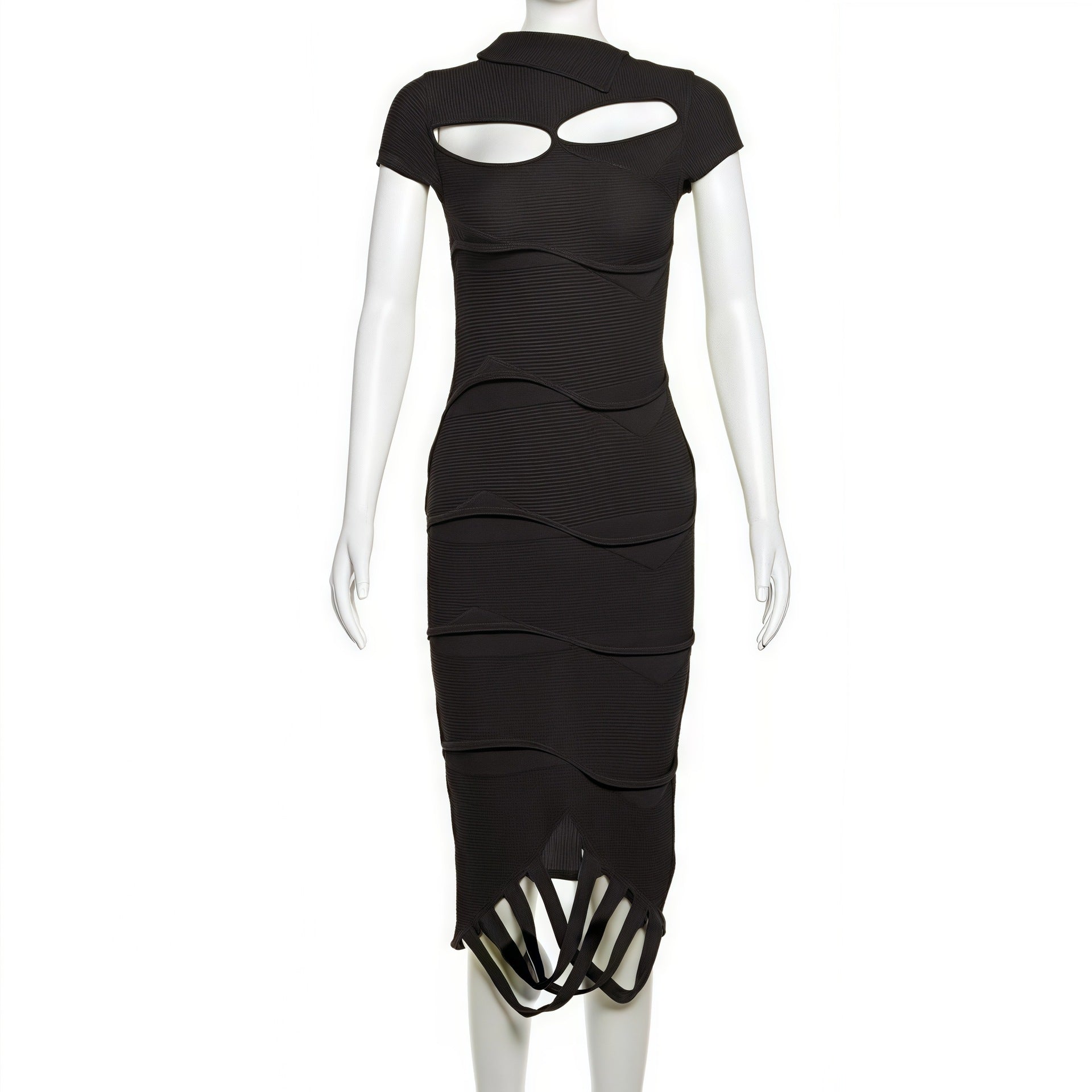 Women Slash Shoulder tassel hollow knitting solid irregular short-sleeved dress 3