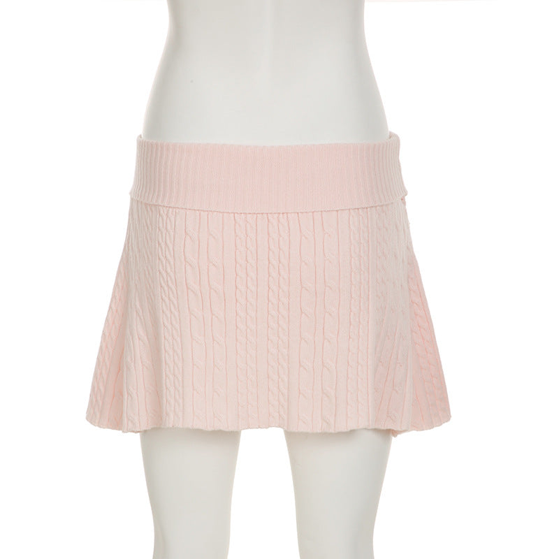 Spring Sweet Pink Turned Waist Elastic Woolen Mini Skirt 8