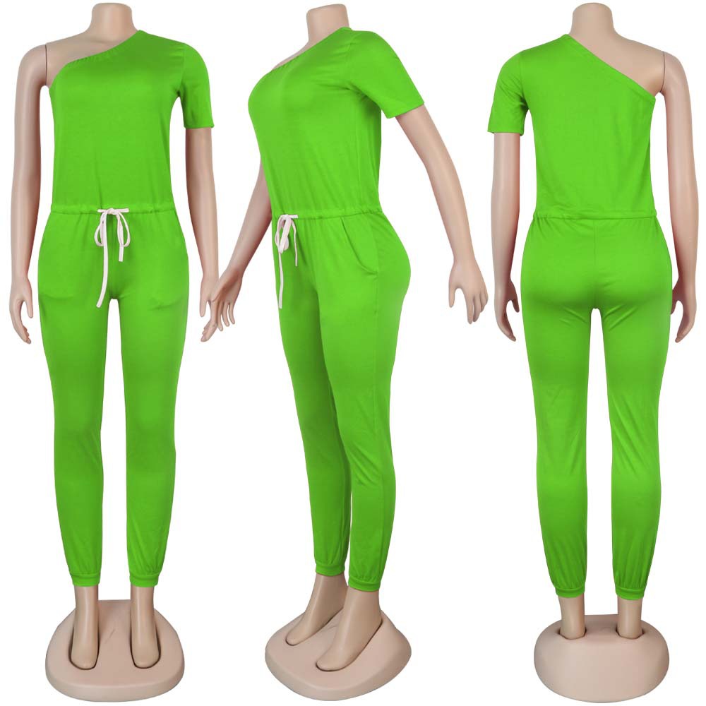 Sexy Women's Slash Shoulder Half Sleeve Solid Color Slim Fit Women's Sports Jumpsuit 26