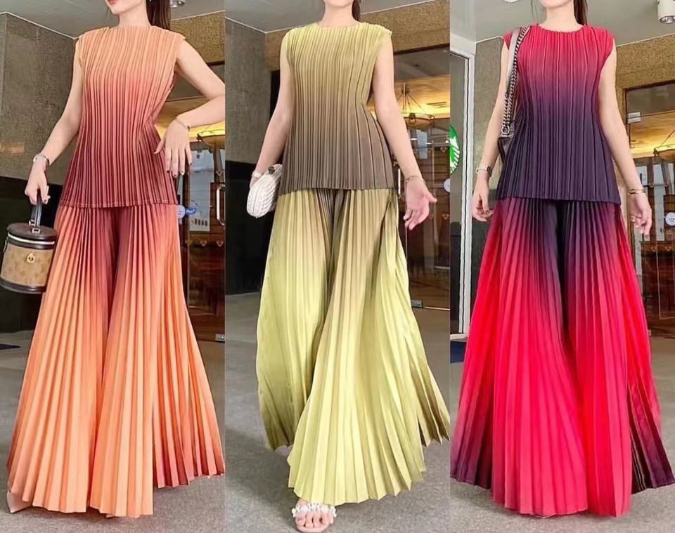 Women's Fashion Pleated Gradient Color Sleeveless Chic Loose Tops Wide-Leg Pants Set 18