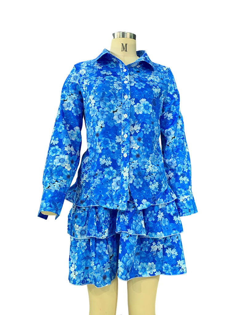 Women Printed Long Sleeve Shirt and SkirtTwo Piece Set 13