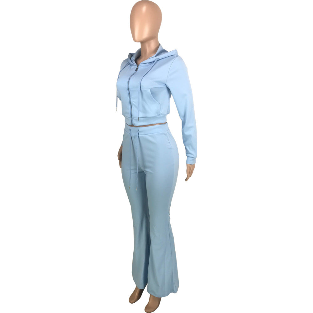 Women's Fashion Solid Color Pocket Zipper Hooded Casual Jacket Bell Bottom Pants Two Piece Set 16