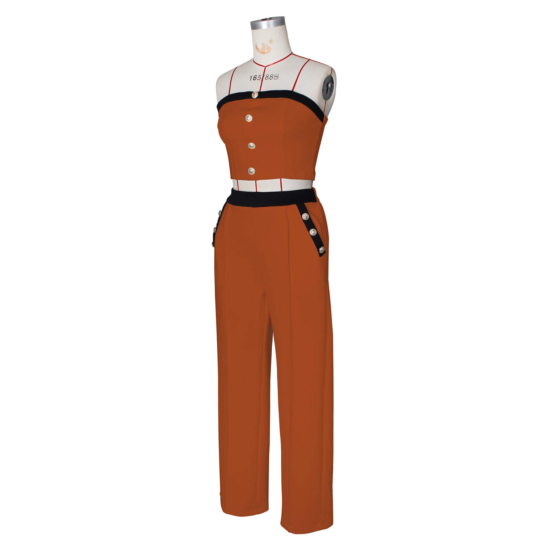 Sexy Color Blocked Decorative Button Straight High Waist Wide Leg Women's Pants Set 25