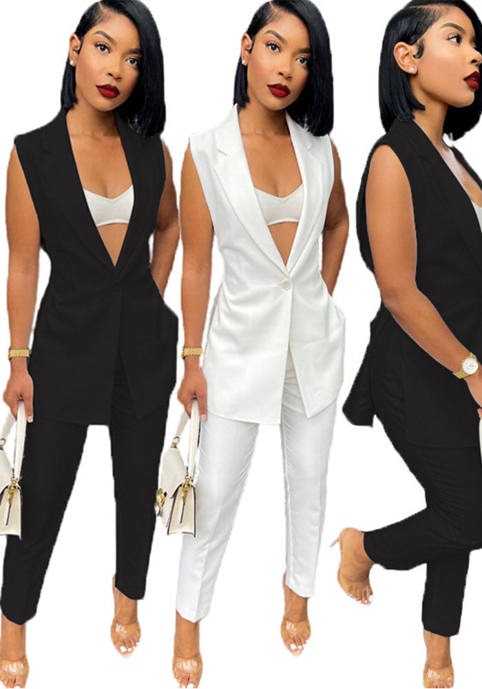 Women Casual Sleeveless Blazer and Pants Two Piece Set