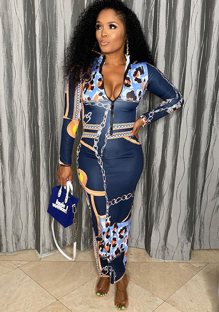 Women's Zipper Printed Long Sleeve Slim Dress With Belt