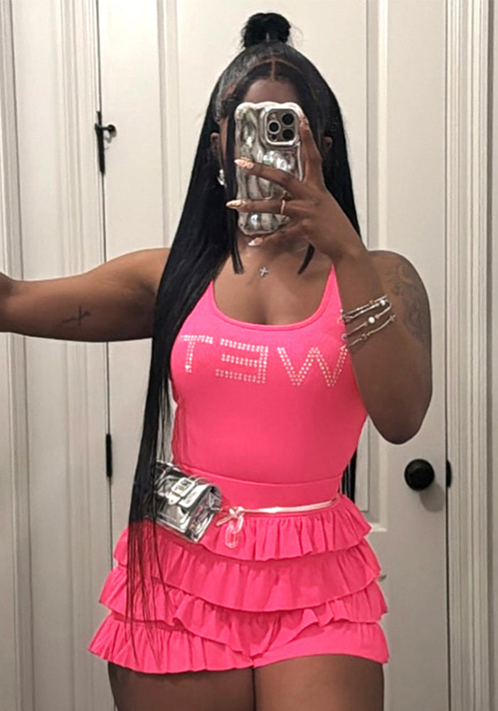 Women's Spring-Summer Beaded Wide Strap Vest with Ruffled Shorts Two Piece Set