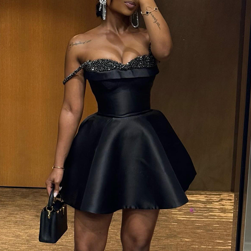 Women Fall Elegant Sequin Patchwork Strapless Strap Dress 5