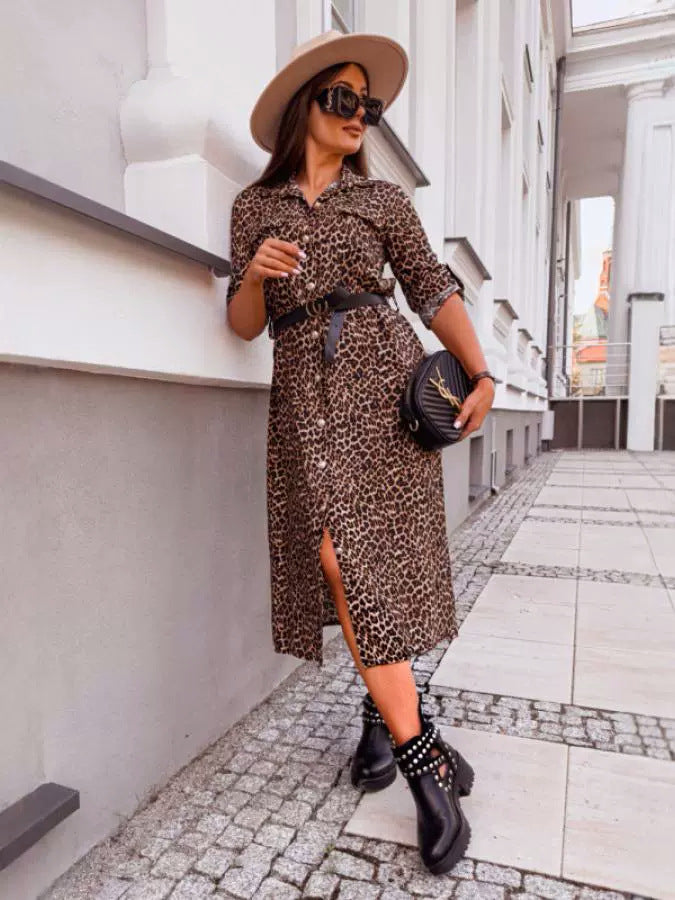 Women Autumn Leopard Print Turndown Collar Loose Casual Shirt Dress 7