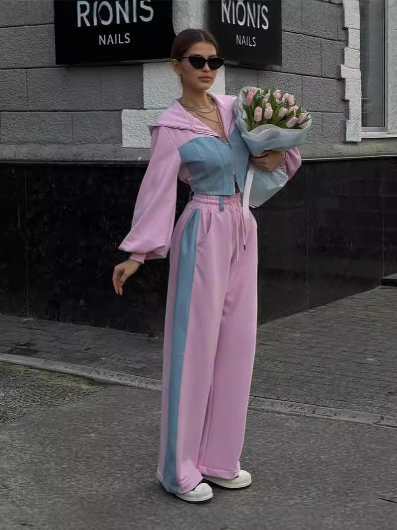 Women Casual Denim Patchwork Hooded Top Pants Two Piece Set 5