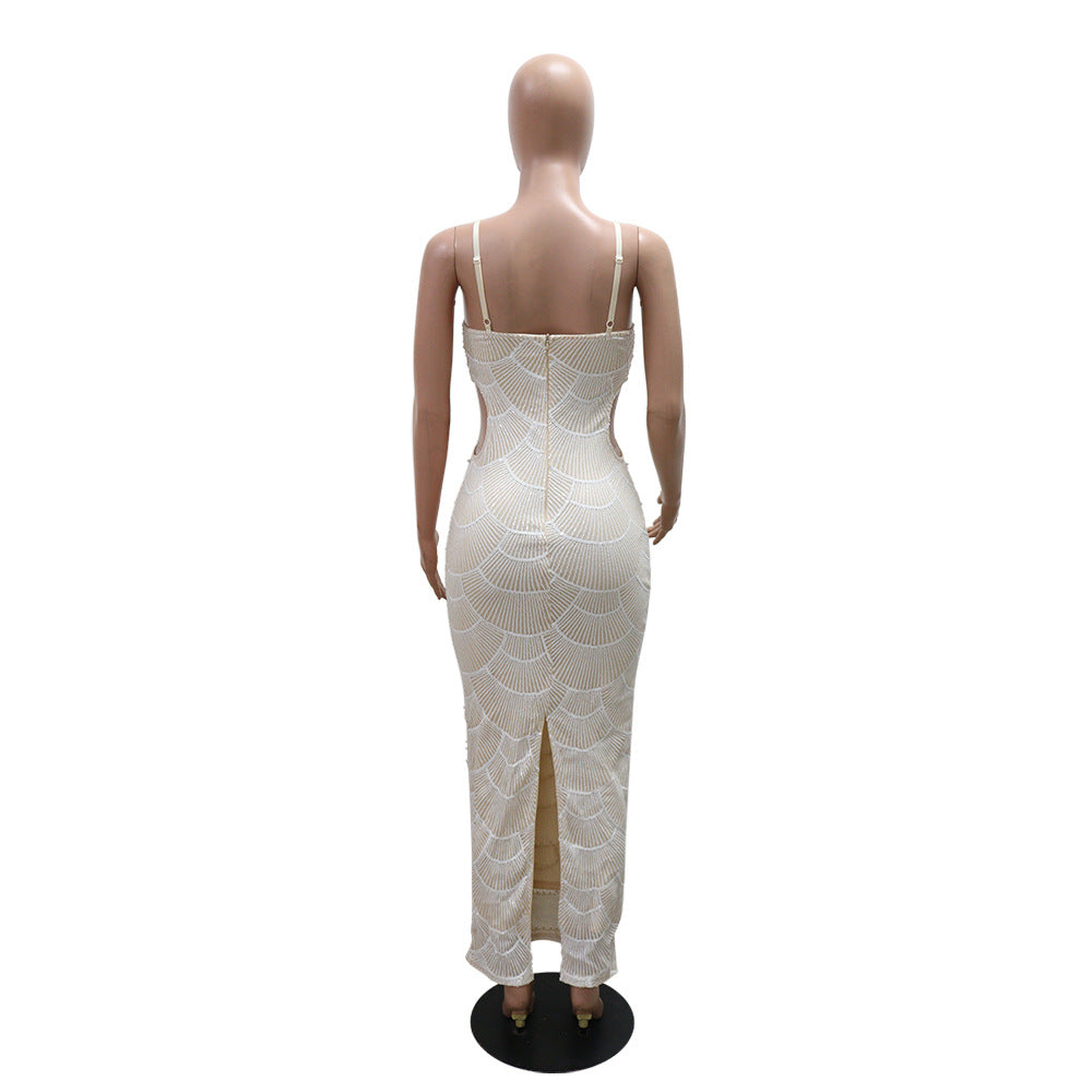 Women Sequin Beaded Strappy Party Slit Dress 8