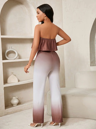 Women Summer Solid Gradient Top and Pants Two-Piece Set