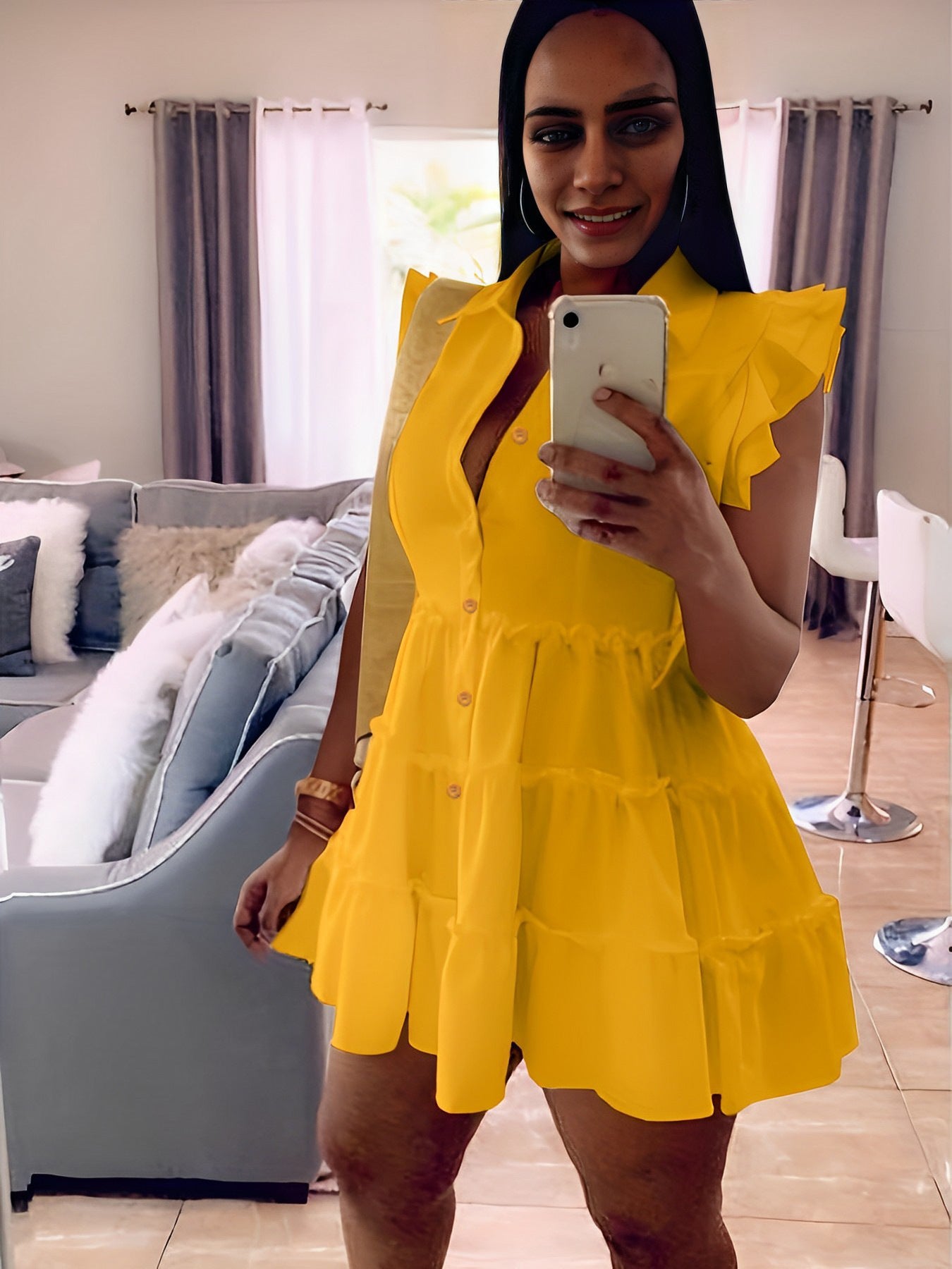 Women'S Ruffle Sleeveless Single Breasted Solid Color Summer Shirt Dress 5