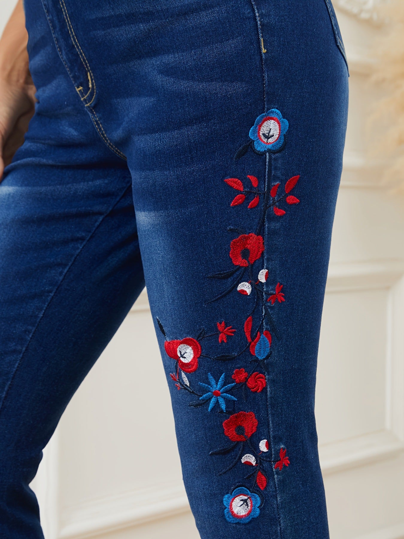Women Embroidered High Waist Stretch Denim Pants 4