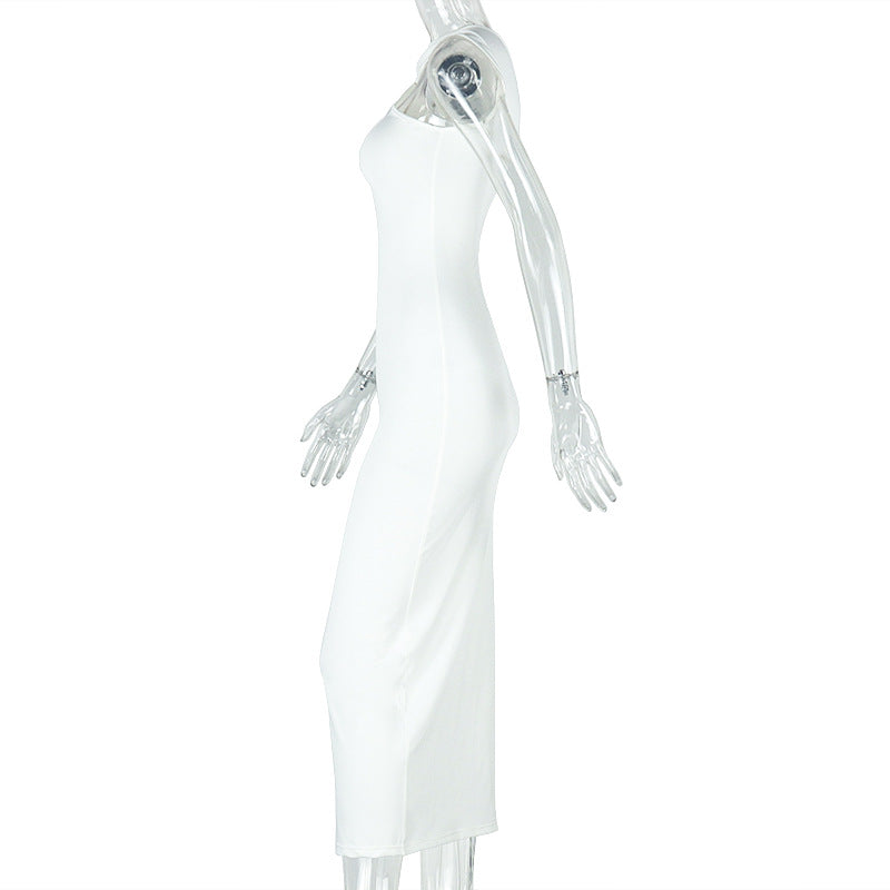 Women Elegant Solid Metal Pleated Bodycon Halter Asymmetric Neck Maxi Dress 11